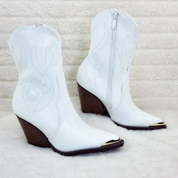 Tallas White Cowgirl Cowboy Ankle Boots Western Block Heels - Picture 6 of 7